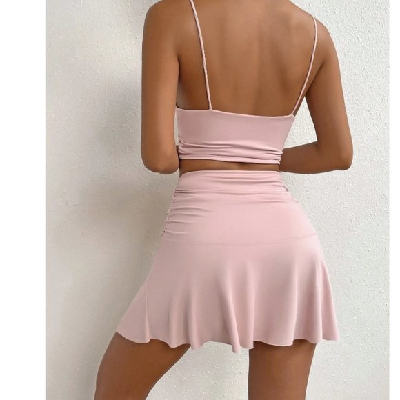Shein Privé Solid Cami Top & Ruched Skirt Pink Set - Picture 2 of 4